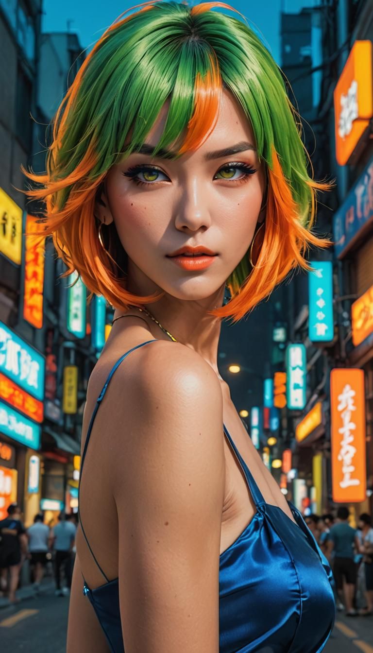 Captivating Woman with Neon Hair in Anime Style