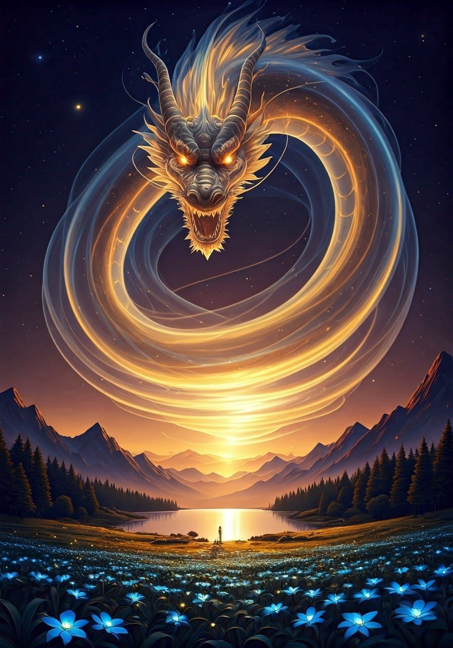 Ethereal Hurricane Dragon Soaring Over Autumn Mountains