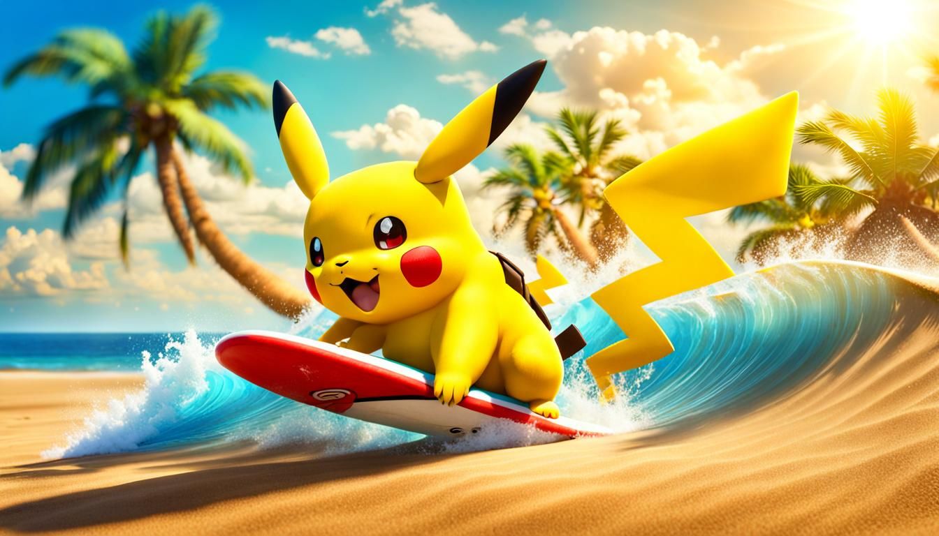pikachu is surfing on a sandwave, sunny beach with palm,8k, ...