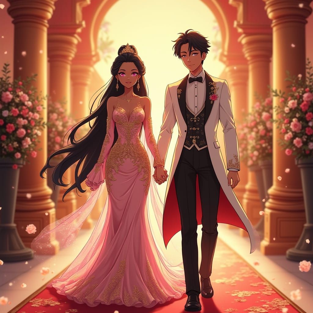 Donghua Anime Bride in Pink and Gold Wedding Attire