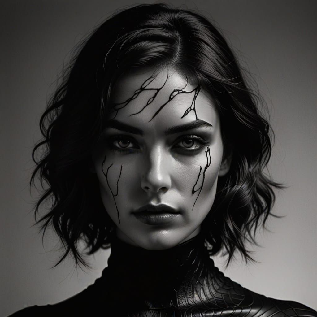 Surreal Melancholic Portrait in High-Contrast Grayscale