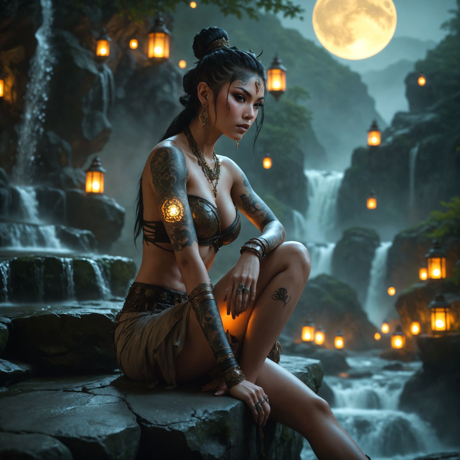 Mystical Fae Warrior Reigns Under Golden Moonlight