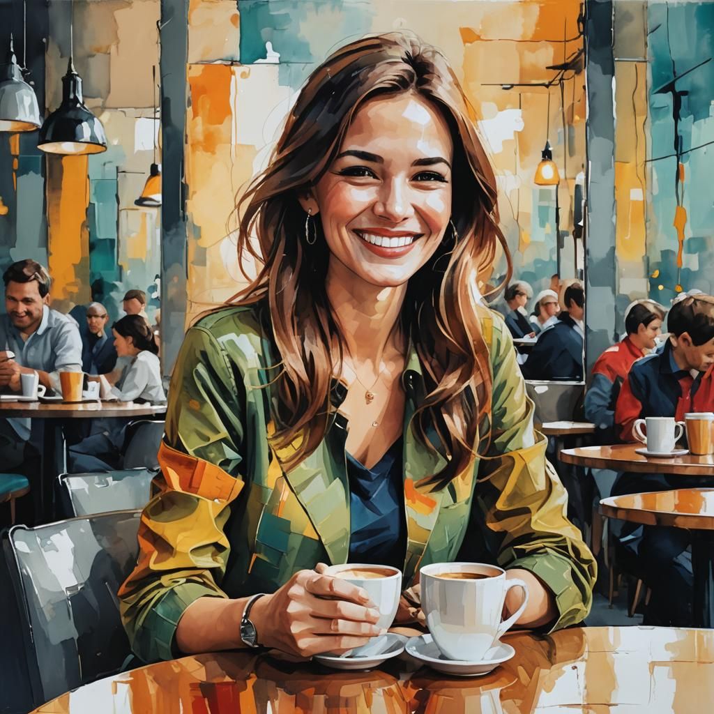 Woman Enjoying Coffee: Abstract Art with Vivid Colors