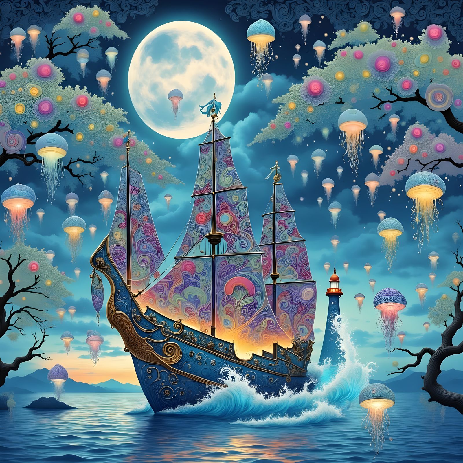 Paisley Ship with Bioluminescent Jellyfish, Maximalist Art