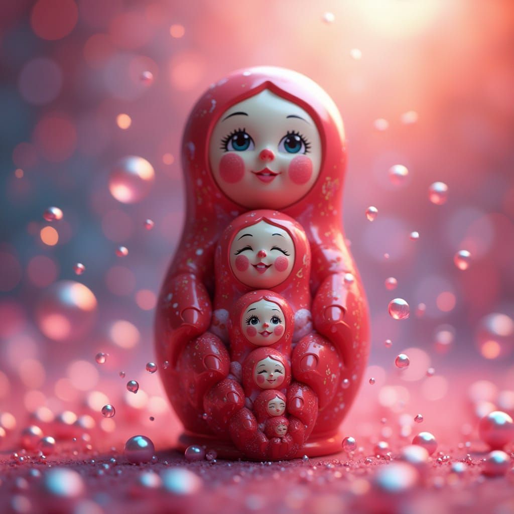 Russian Dolls in Shimmering Bubbles: Pixar-Style 3D Art