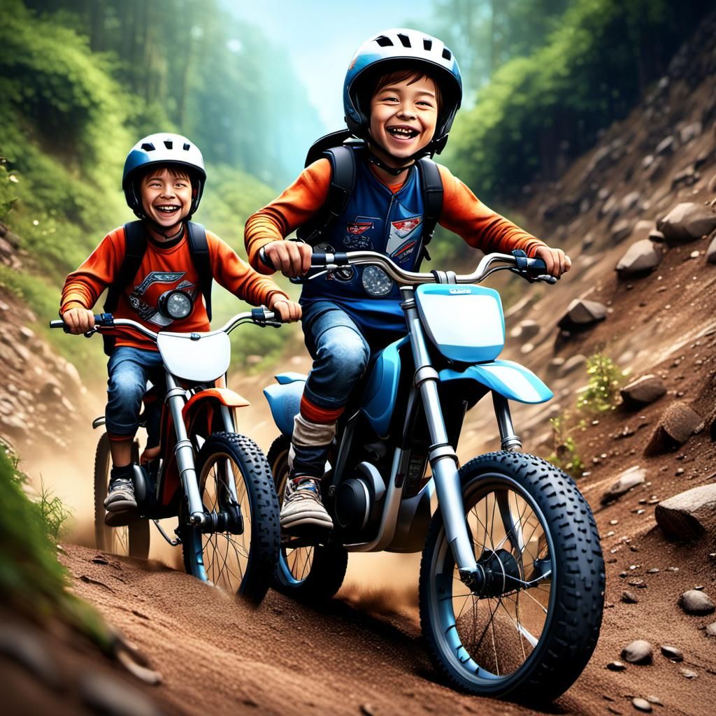 Cartoon Siblings on Off-Road Bikes Adventure