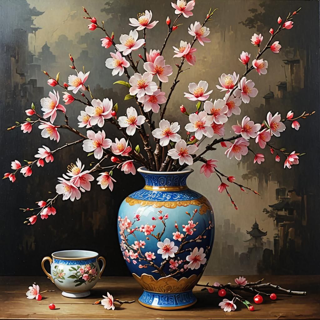 Cherry Blossom Flowers in Oil Painting Style