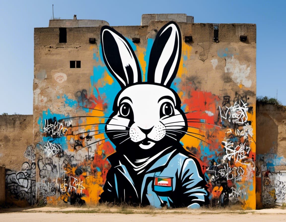 Palestinian Rabbit Graffiti Mural in Neo-Expressionist Style