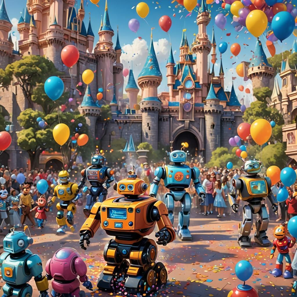 Robots Enjoying Disneyland: Pixar-Inspired Concept Art