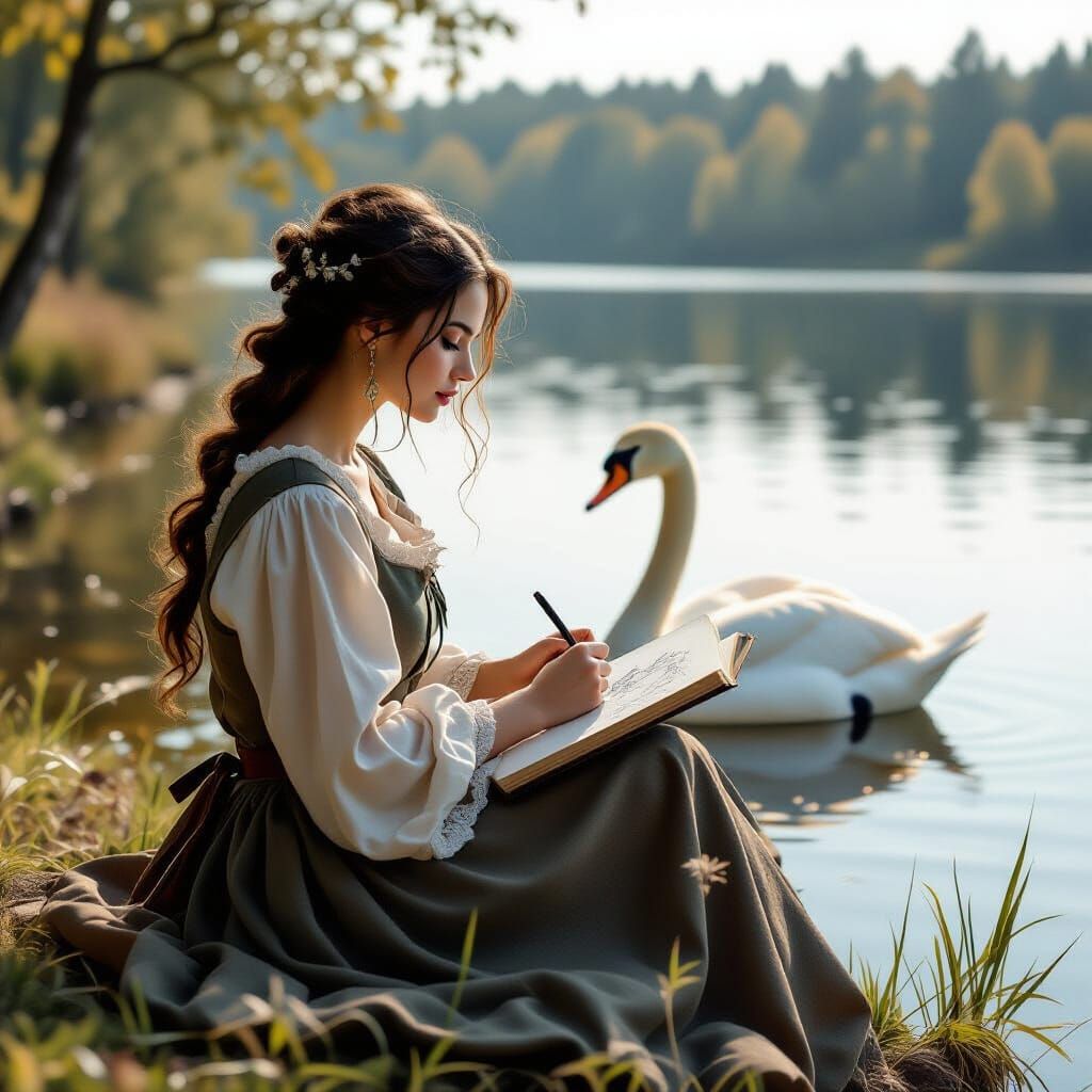 Medieval Woman Sketching Swan in Hudson River School Style