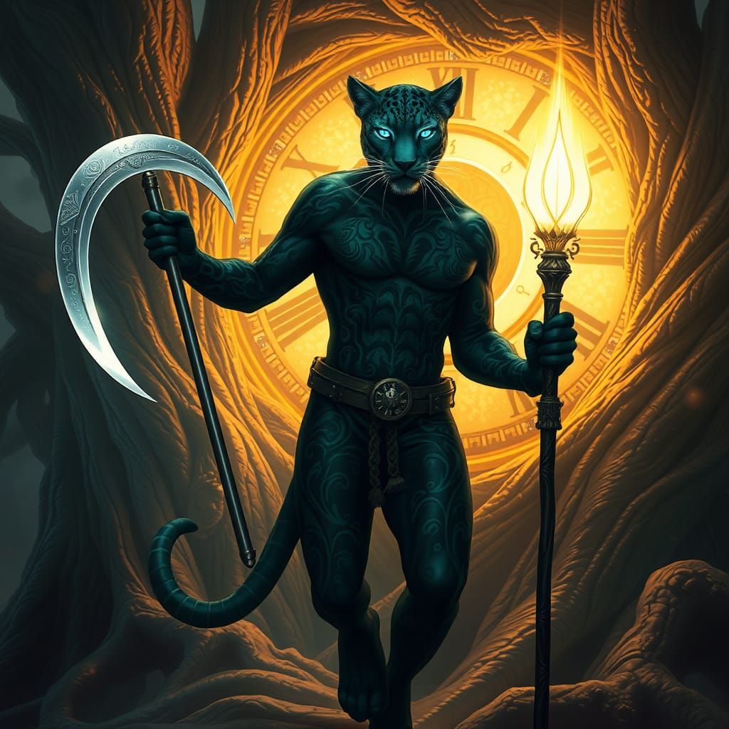 Green Leopard Man Strides Through Tree-Clock of Time