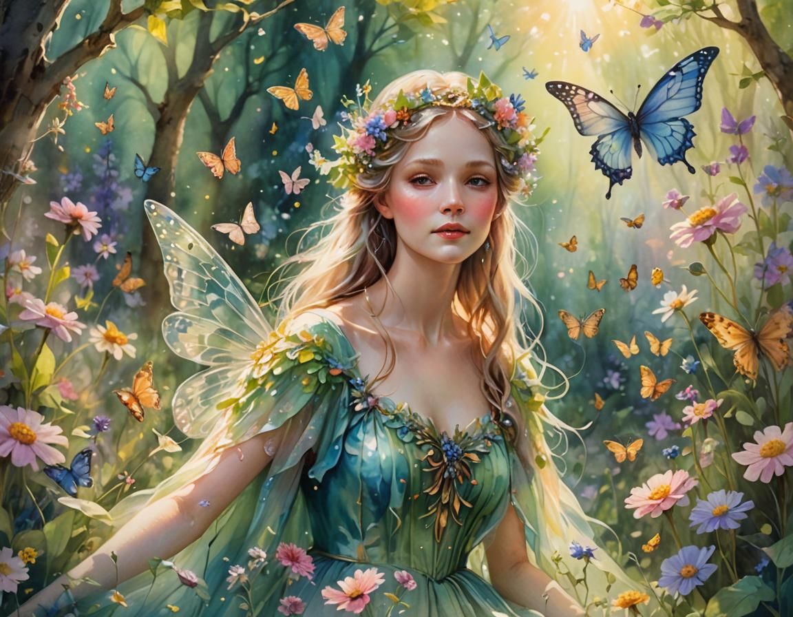 Fairy Queen in Enchanted Spring Garden: Watercolor