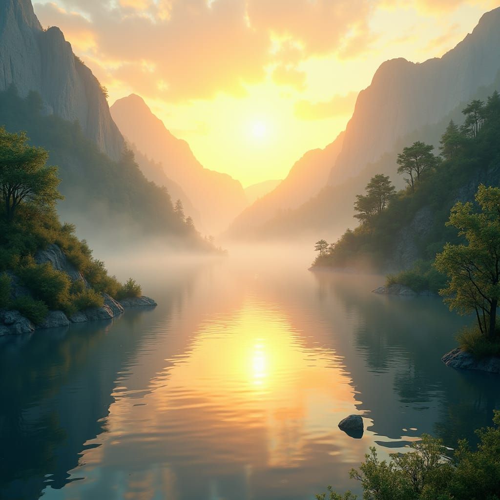 Golden Sunrise Over Serene Lake: A Tranquil Landscape