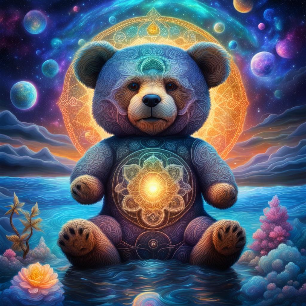 Wise Teddy Bear Meditating in Cosmic Sea