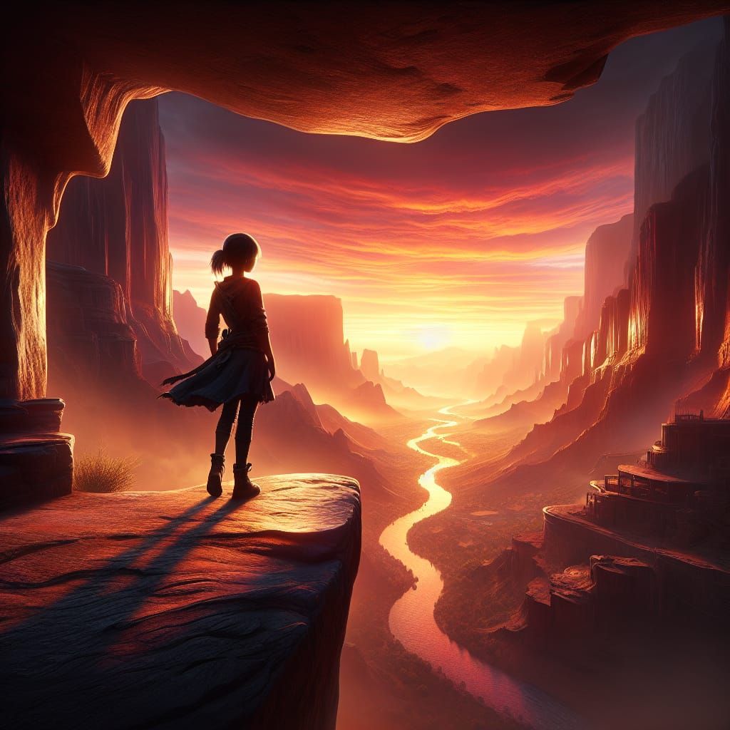 Sunset Silhouette Over Desert Canyon as Matte Painting