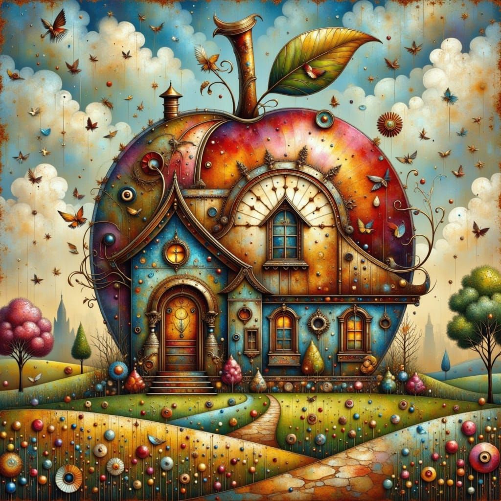 Giant Steampunk Apple House in Vibrant Colors