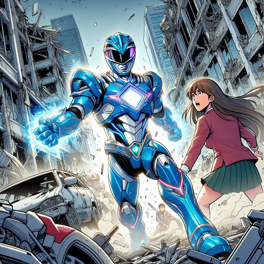 Cyberpunk Knight Rescues Woman in Ruined City