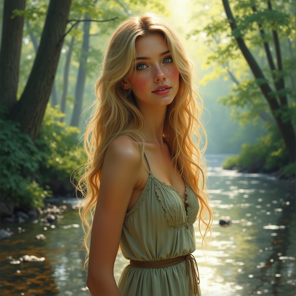 Beautiful 20s Woman in Sun-Dappled Woodland