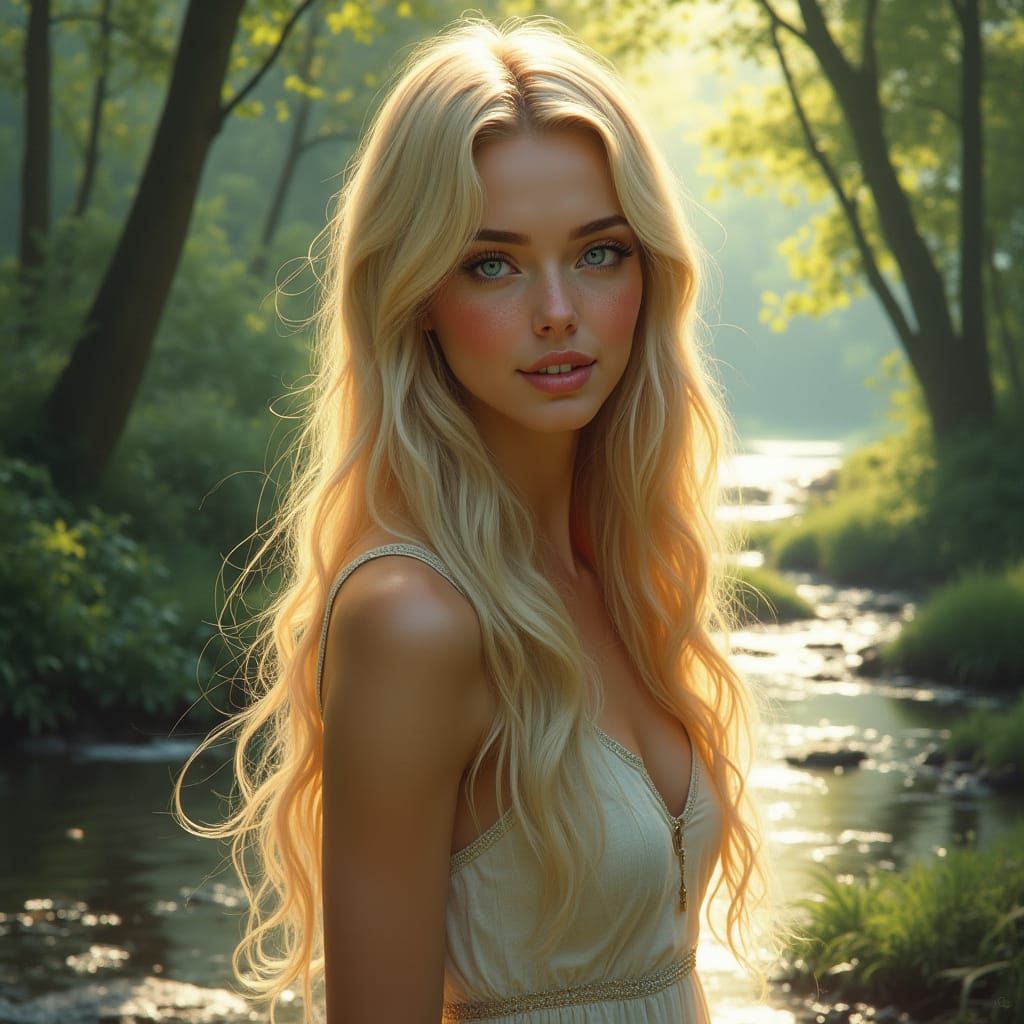 Ethereal 20s Woman in Sun-Dappled Woodland