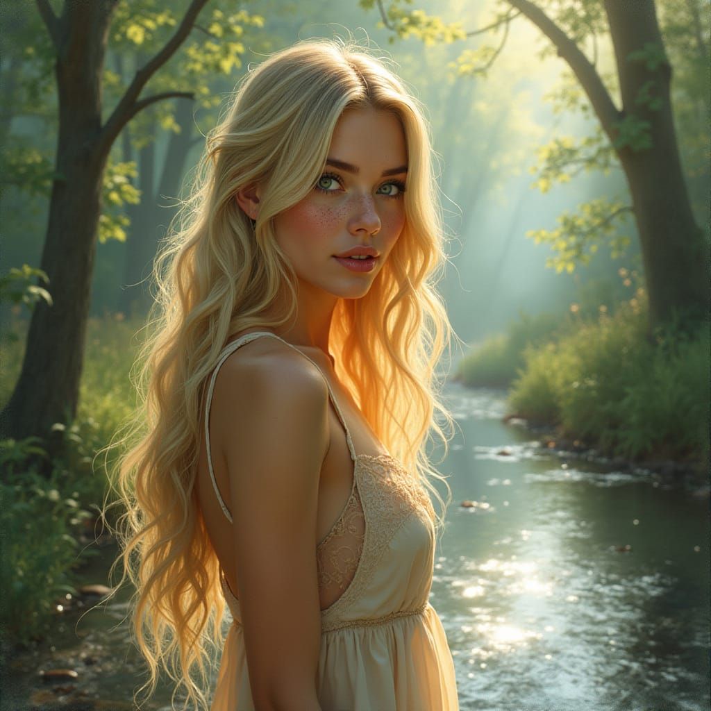 Beautiful 20s Woman in Sun-Dappled Woodland