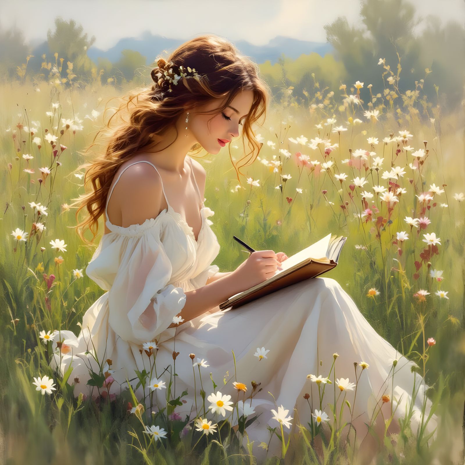 Impressionistic Meadow Scene with Woman Sketching