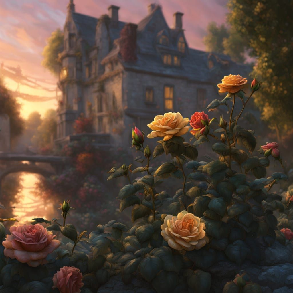 Riverside Garden with Roses in Hyperrealistic Style