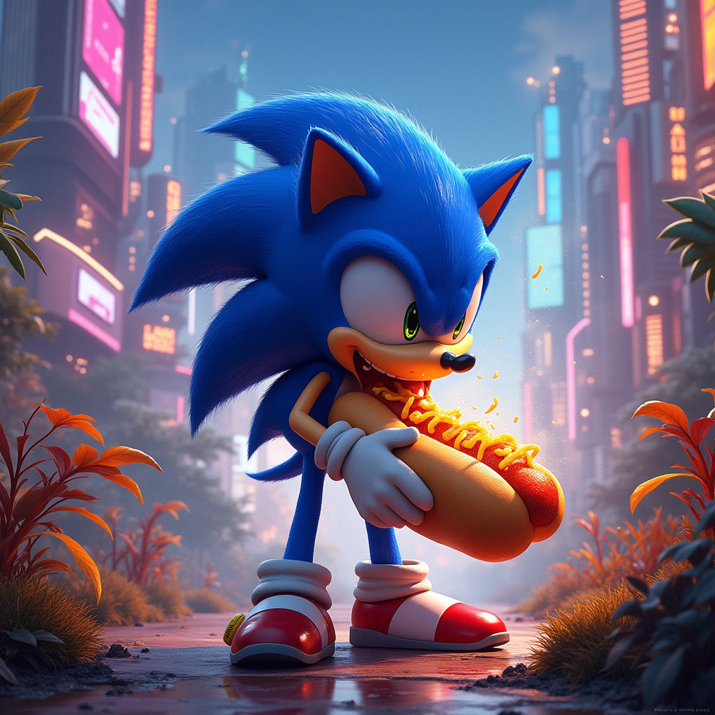 Super Sonic Devouring Chili Dog in Neon Cityscape
