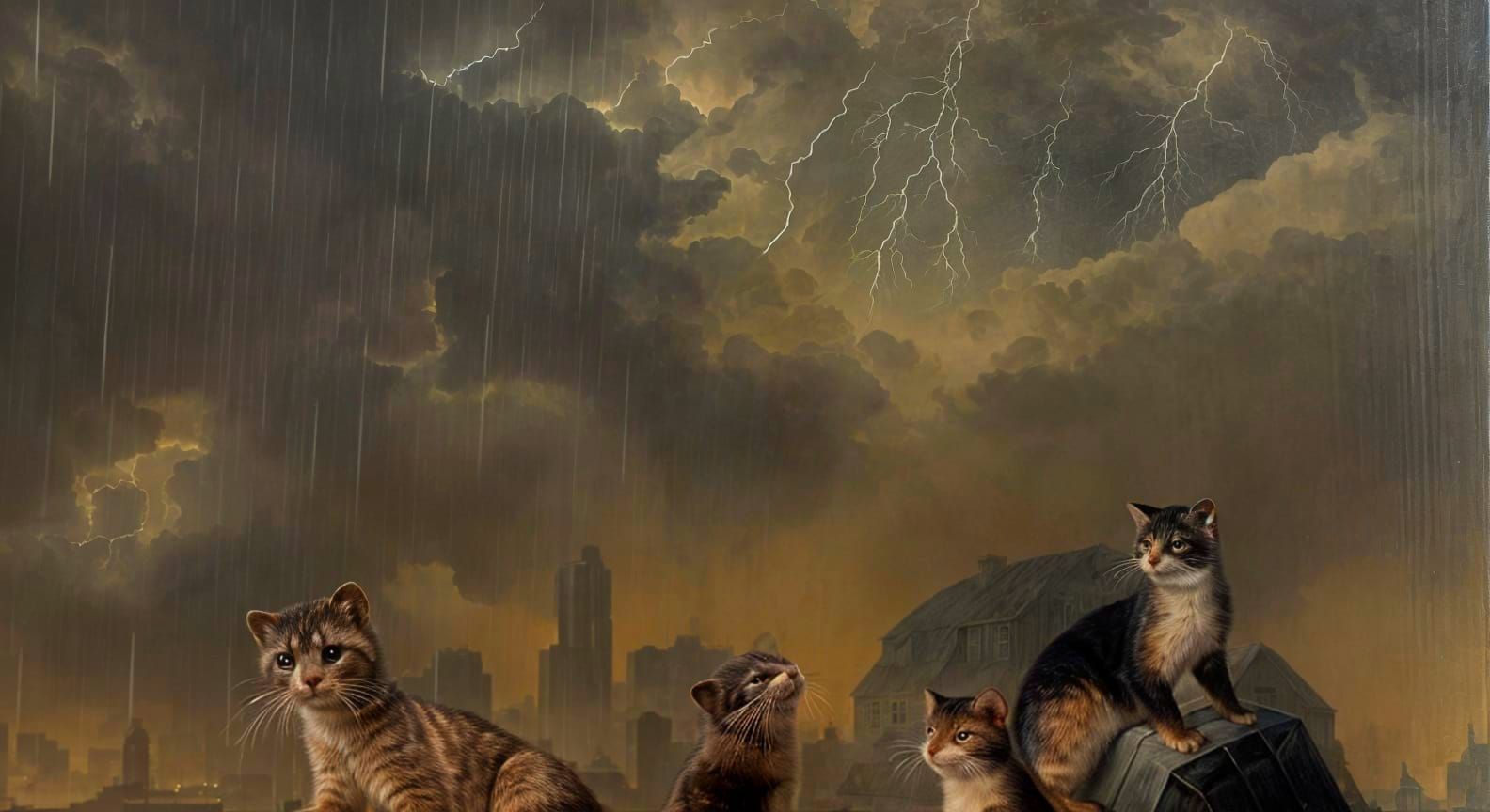 Ferrets and Cats Dance in a Thunderstorm Rooftop Landscape