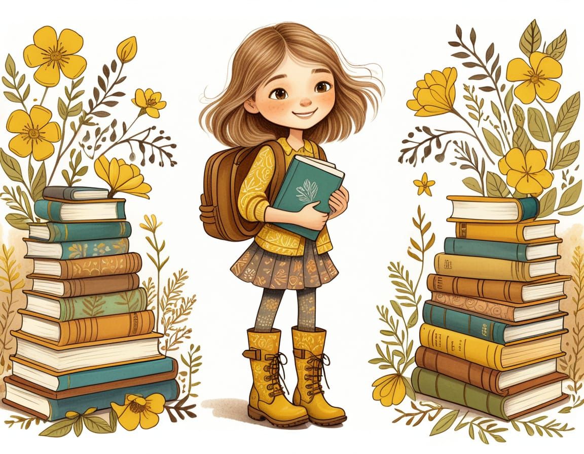 Girl with Books in Whimsical Sketch Style