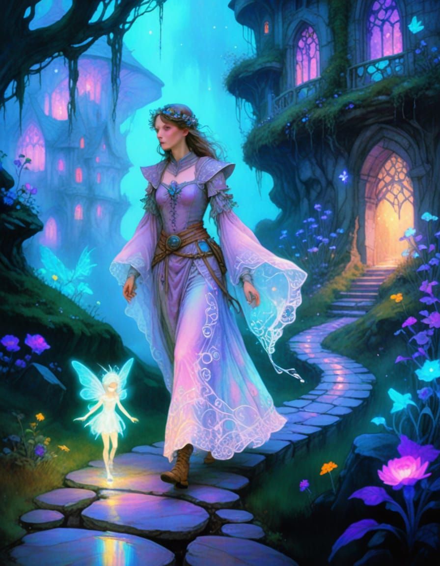 Fantasy Adventurer Follows Fairy in Watercolor Illustration