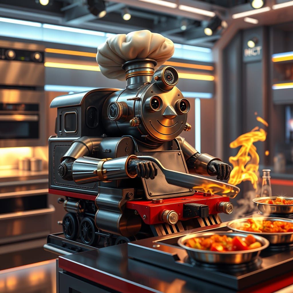 Enthusiastic Locomotive Chef in Futuristic Kitchen