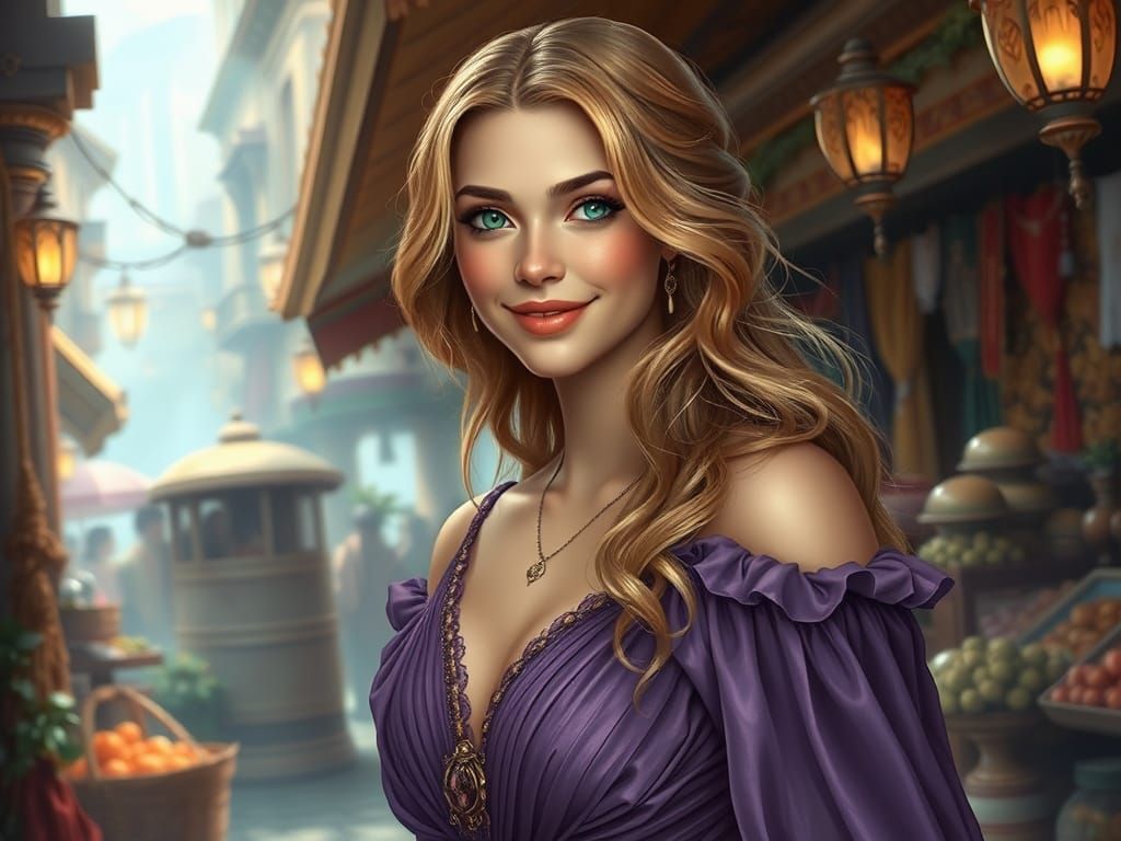 Ancient Roman Goddess Shopping in Ethereal Fantasy Market Sc...