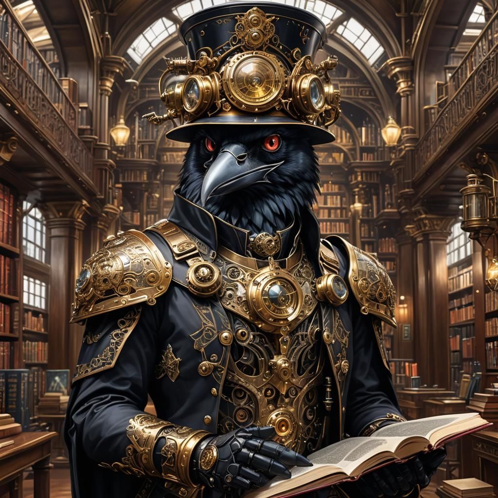 Steampunk Raven Reading Book in Library