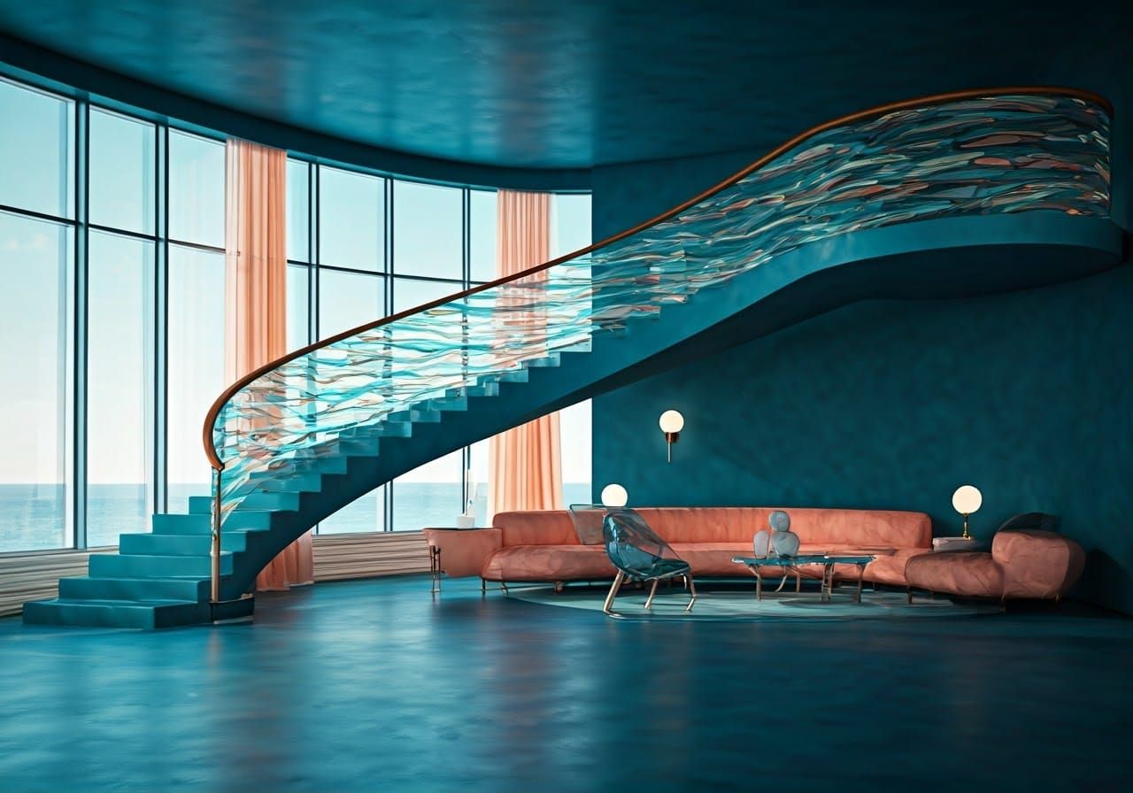 Space Age Inspired Luxury Living Room with Stained Glass Sta...