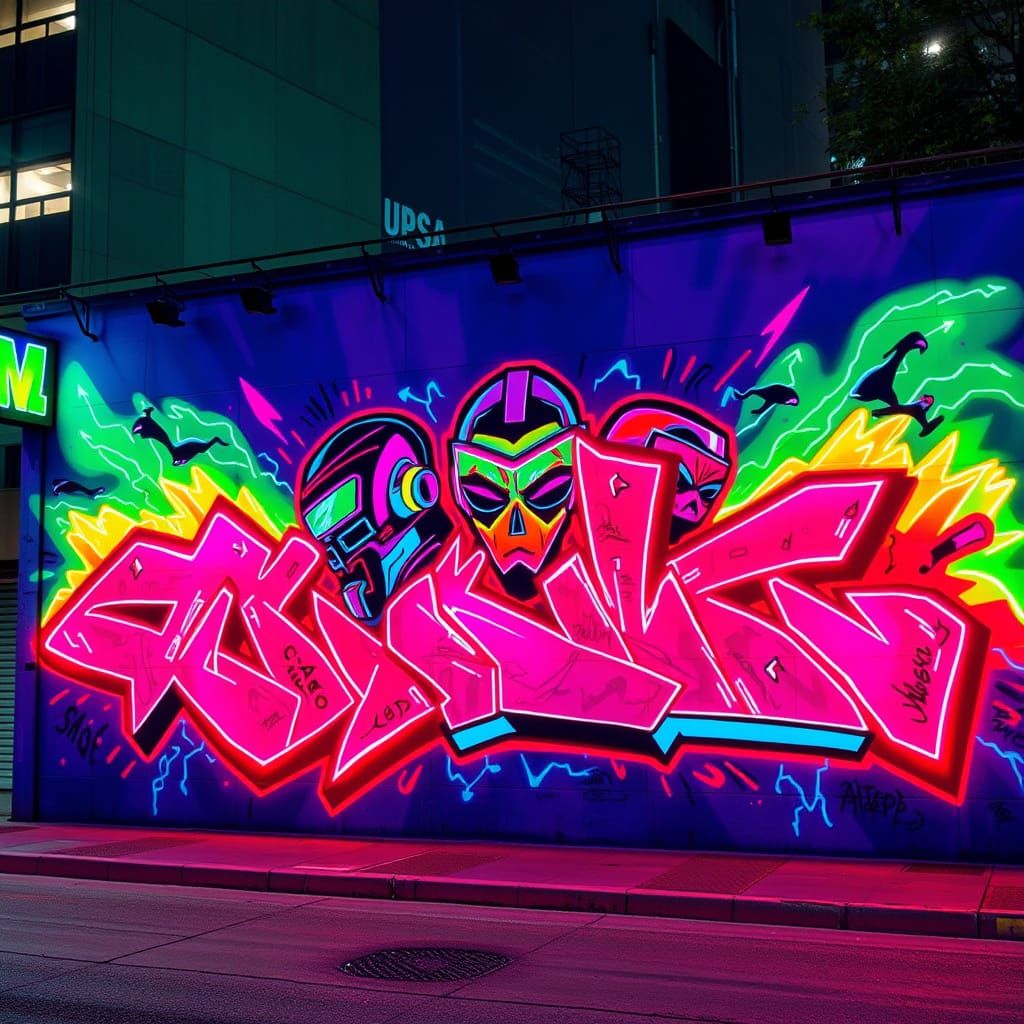 Cyberpunk Graffiti Mural with Neon Lights and 3D Characters