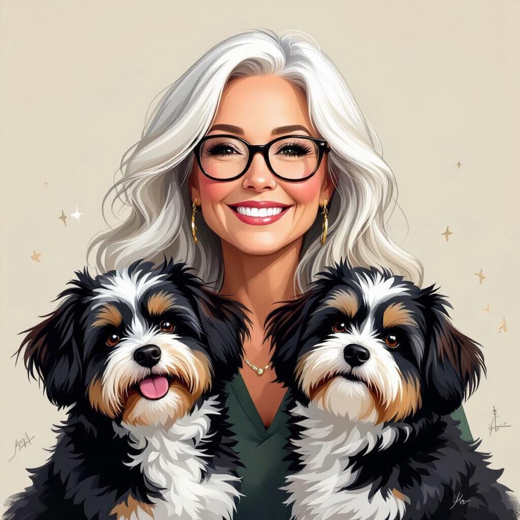 Smiling Woman with Dogs in Digital Painting Style