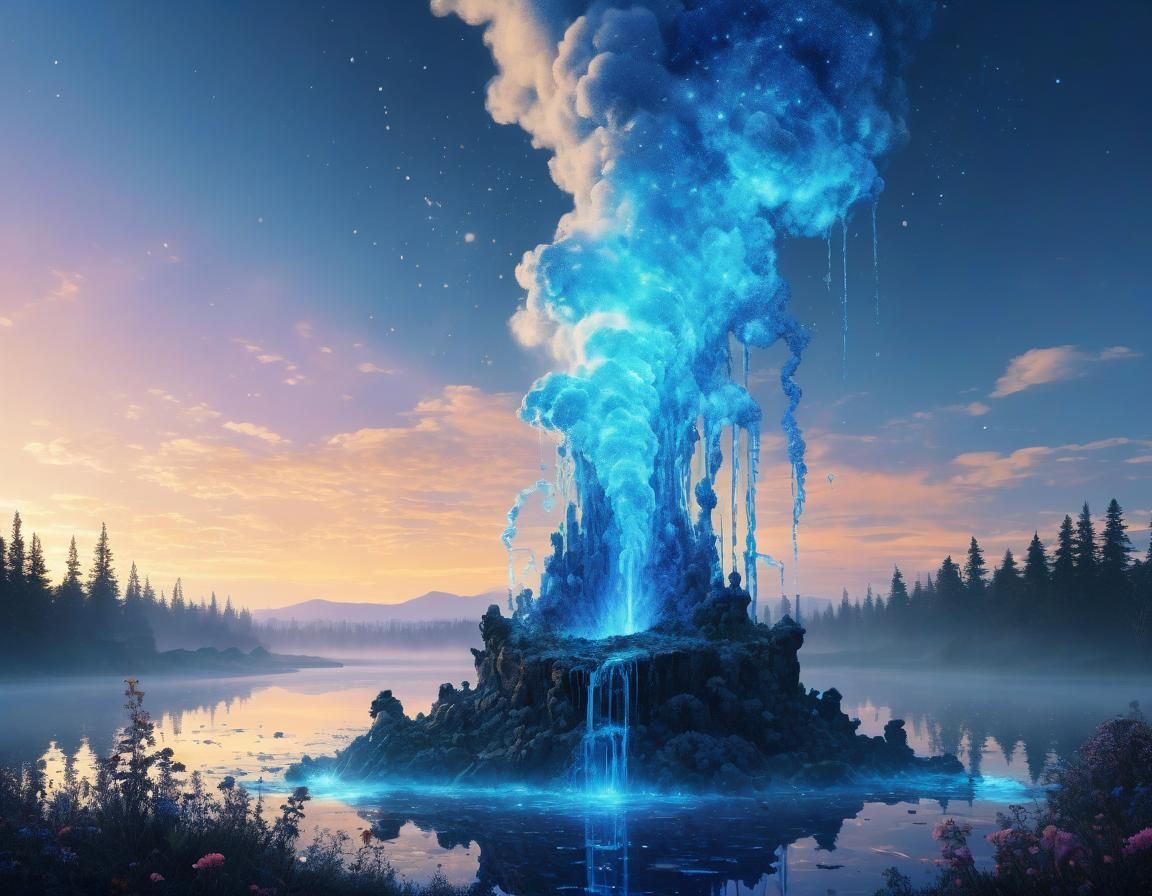 Ethereal Ninja Geyser in Abstract Pixel Art