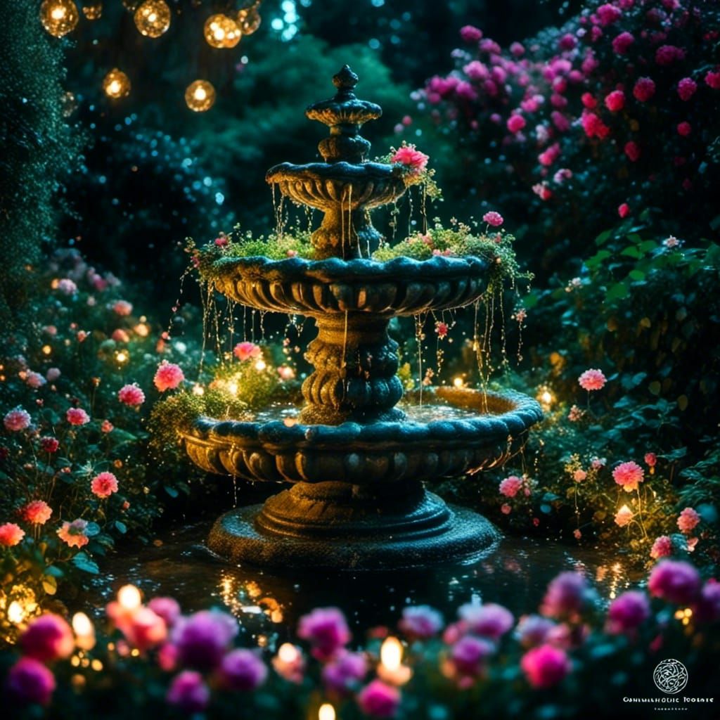 Enchanted Fountain in Secret Garden at Night
