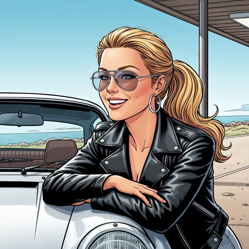 Blonde in Leather Jacket with Porsche, Comic Art