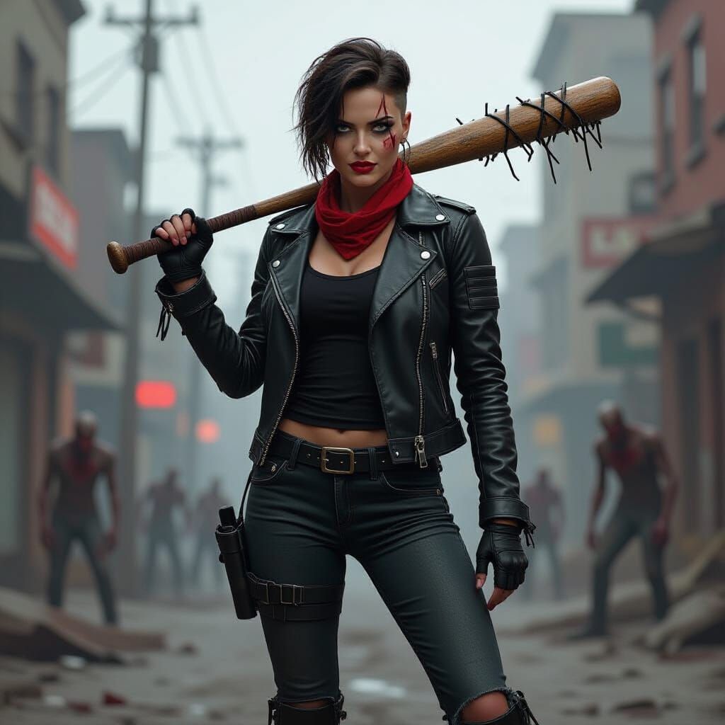 Confident Woman with Barbed Wire Bat in Apocalyptic Scene