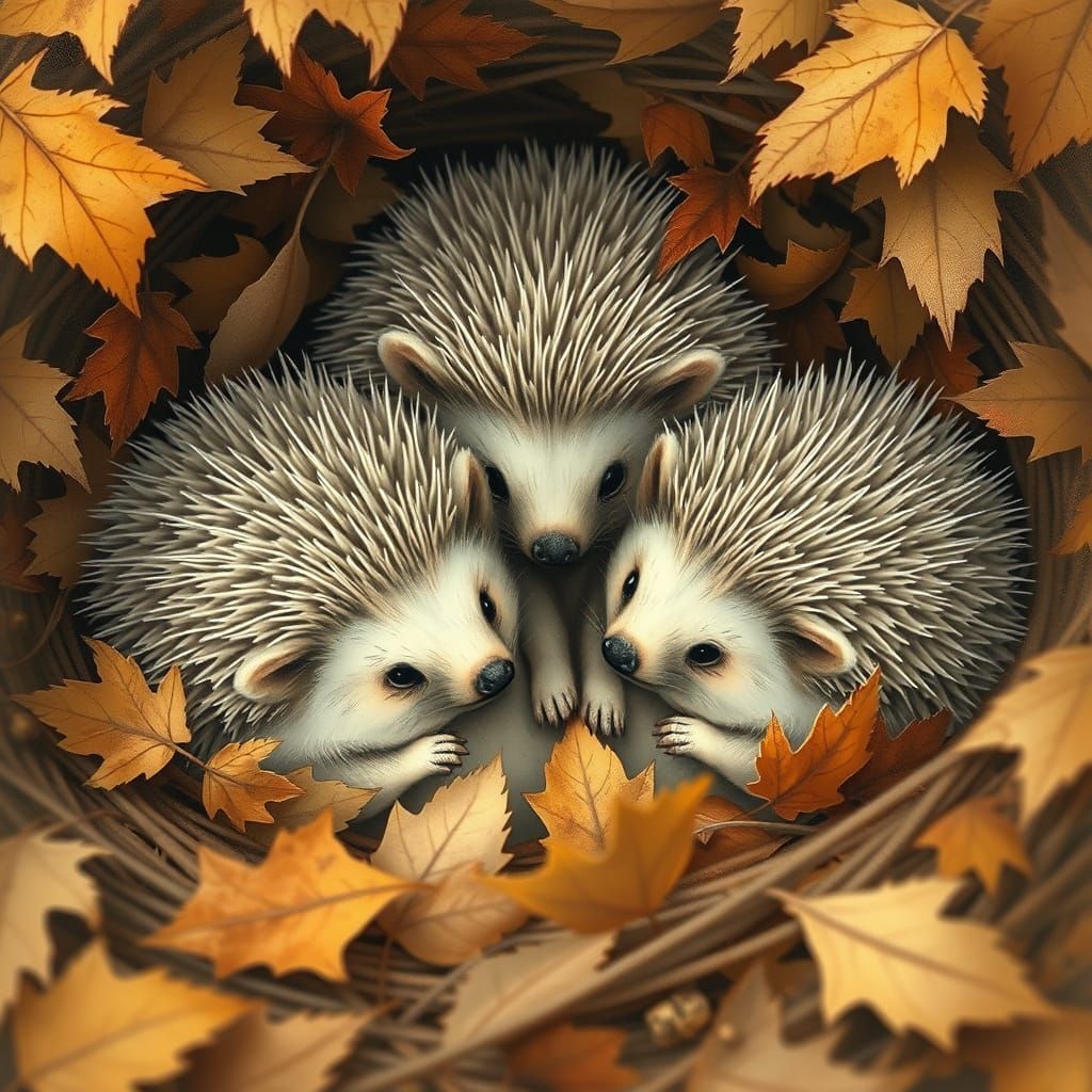 Whimsical Hedgehog Friends in Cozy Autumn Nest