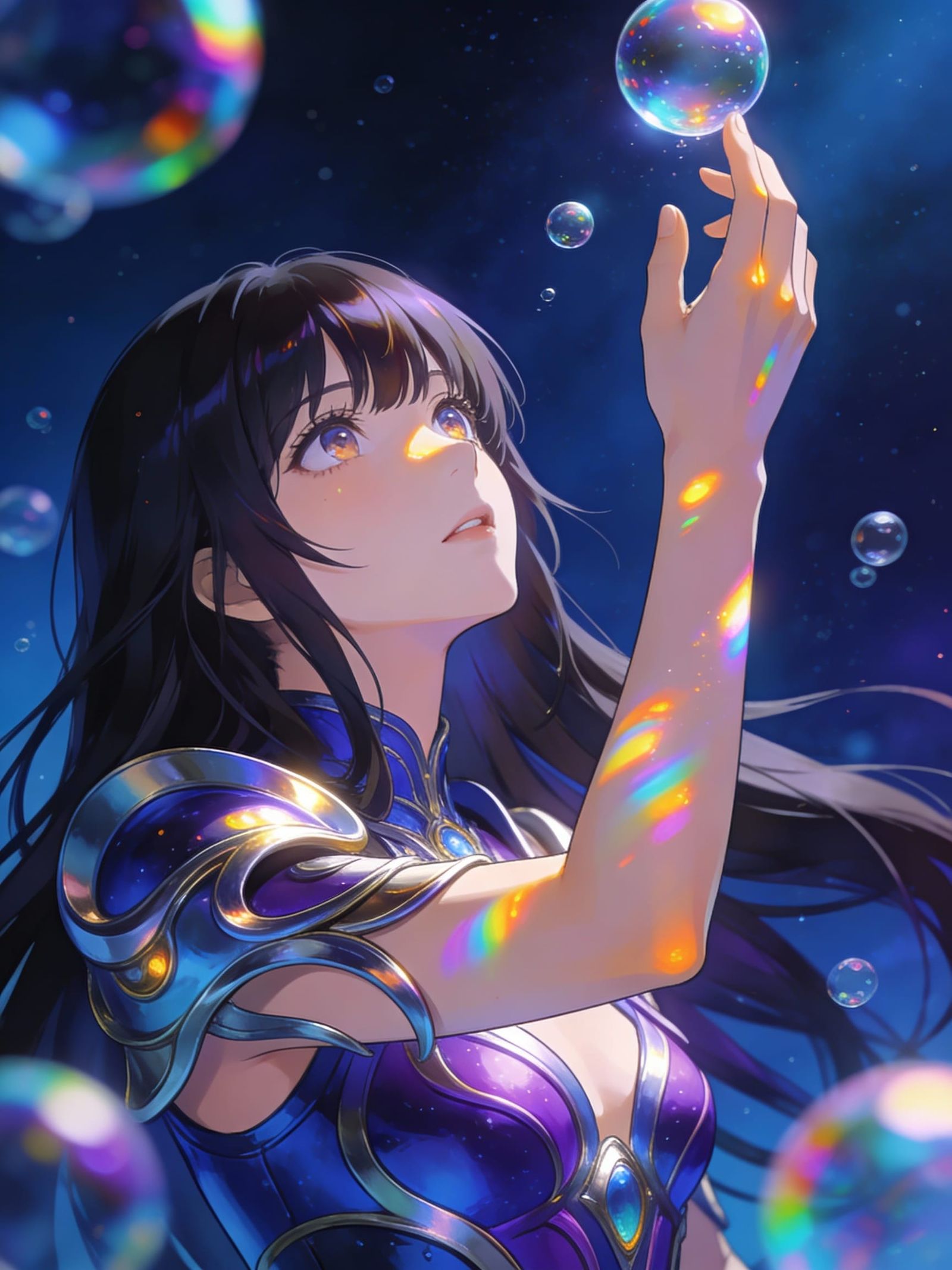 Anime Woman Reaches for Orb with Luminous Skin