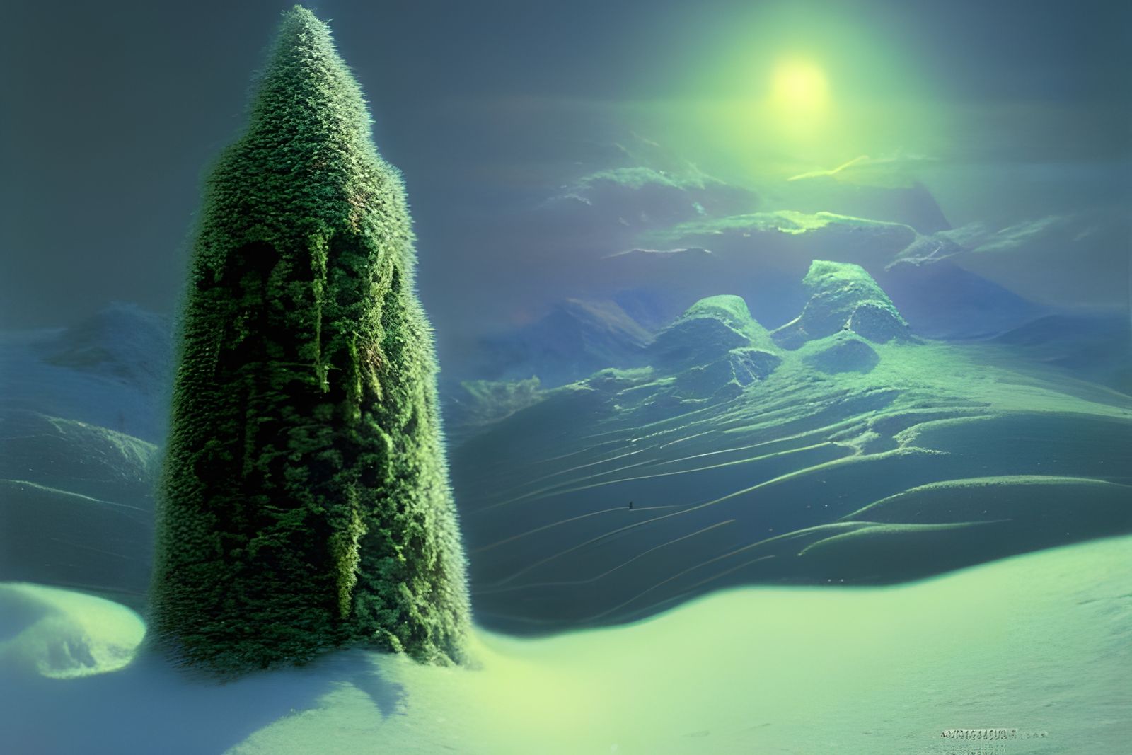 Christmas Trees in Snowy Mountains, Holographic 3D