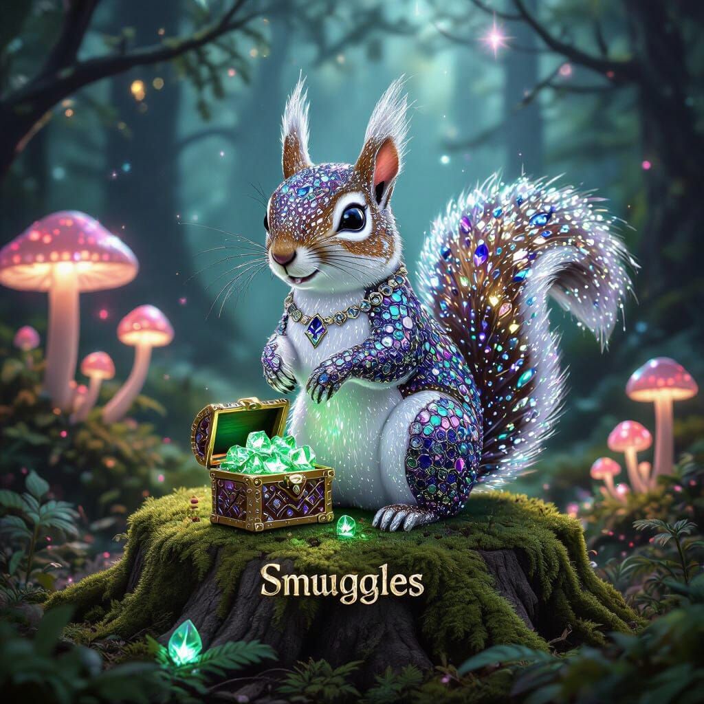 Enchanted Squirrel in Glimmering Forest, Surreal Art