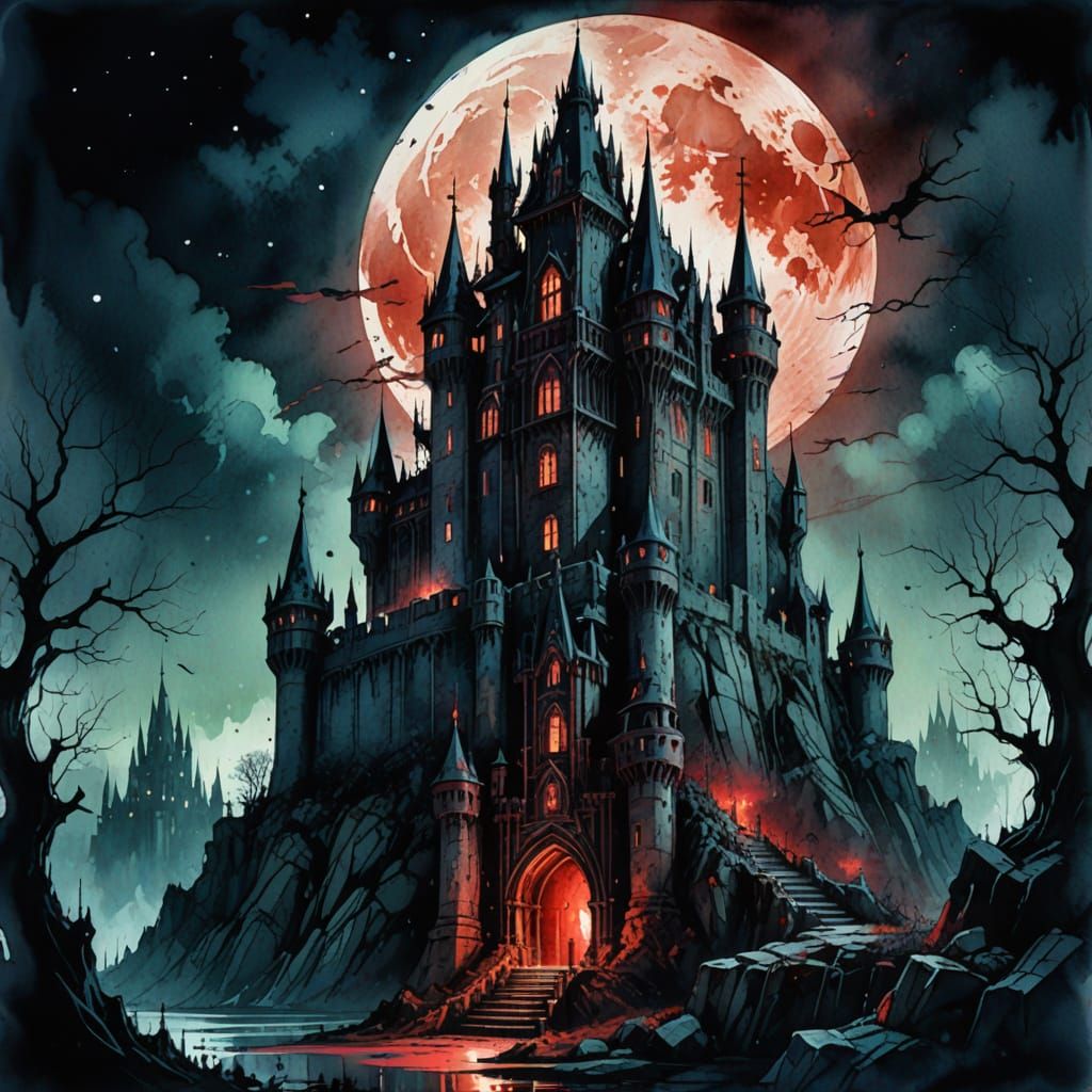 Ethereal Gothic Castle Illuminated by Blood Moon in Digital ...