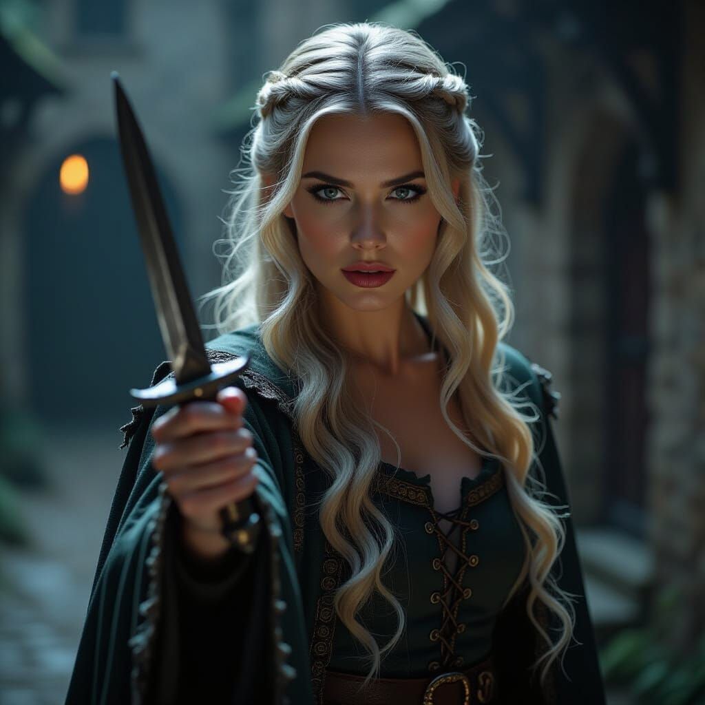 Mysterious Woman in Medieval Robes with Silver Dagger