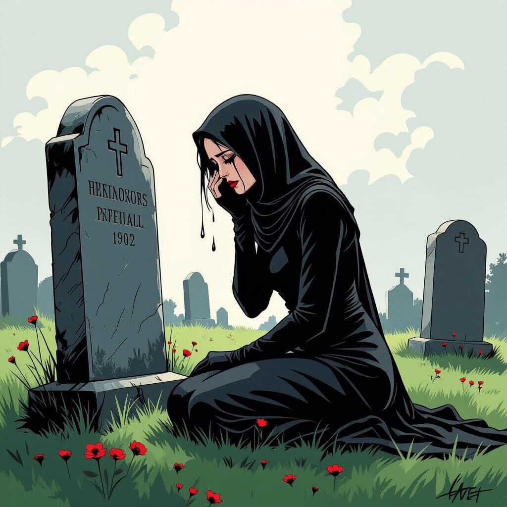 Mourning Widow Cries at Gravestone in Dramatic Comic Art Sty...