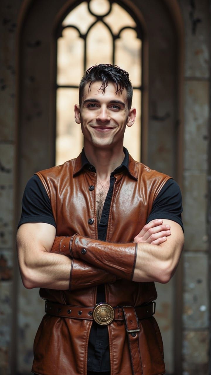 Man in Leather Jerkin Stands Confidently in Stone Interior