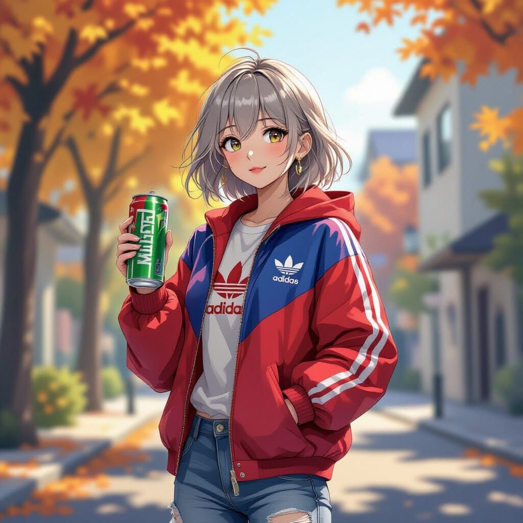 Anime Girl in Adidas Jacket with Energy Drink