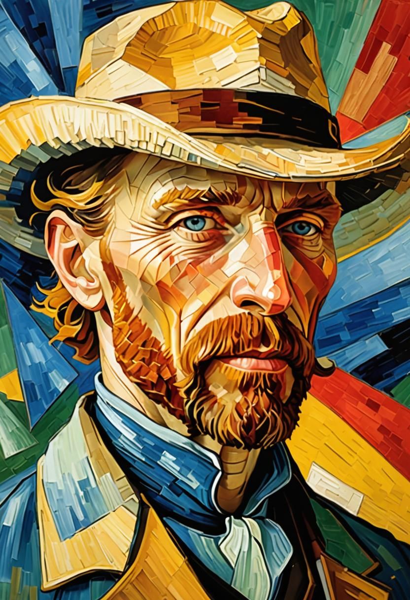 Geometric Portrait with Cowboy Hat in Van Gogh Style